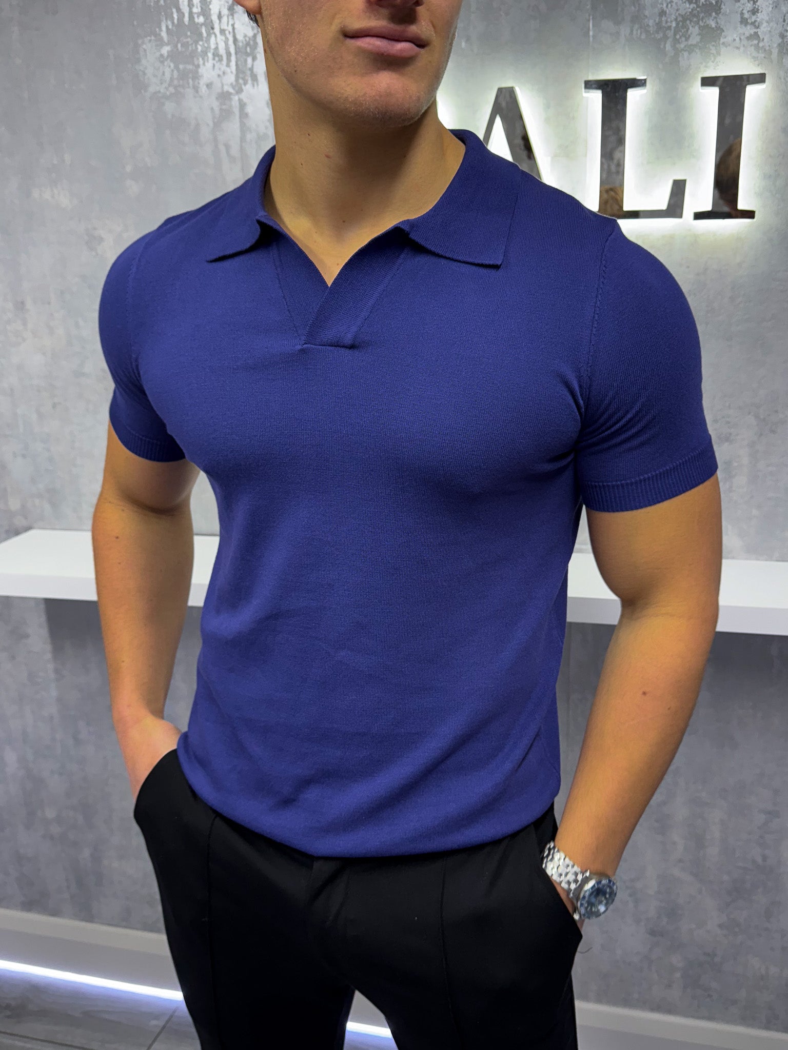 Poloshirt met Cubaanse kraag - Marineblauw