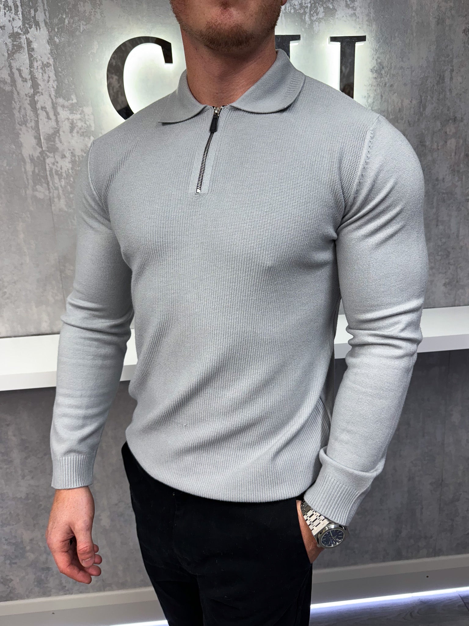 Polo de manga larga con cremallera - Gris