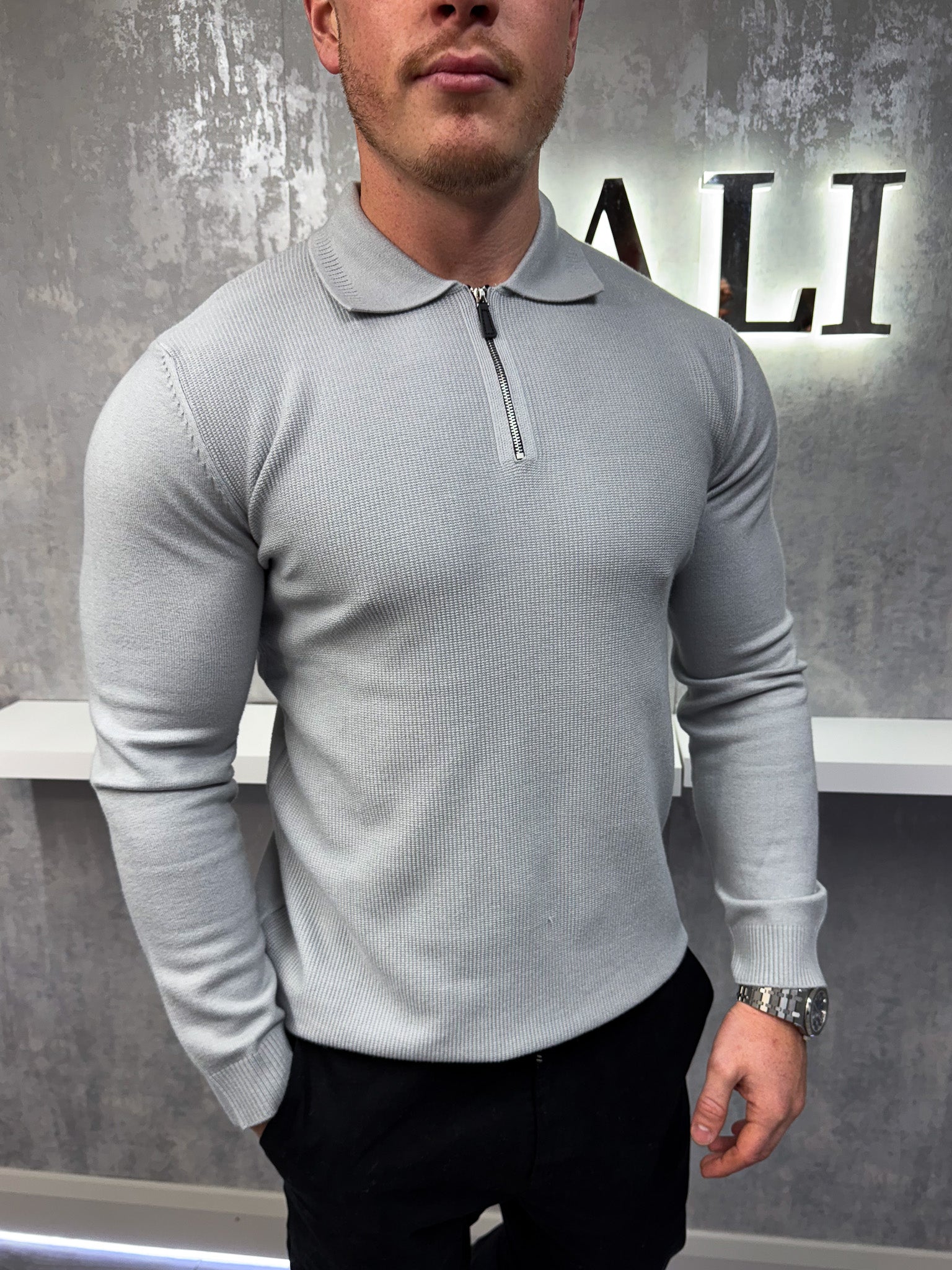 Polo de manga larga con cremallera - Gris
