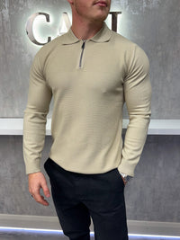 Langarm-Zip-Polo - Beige
