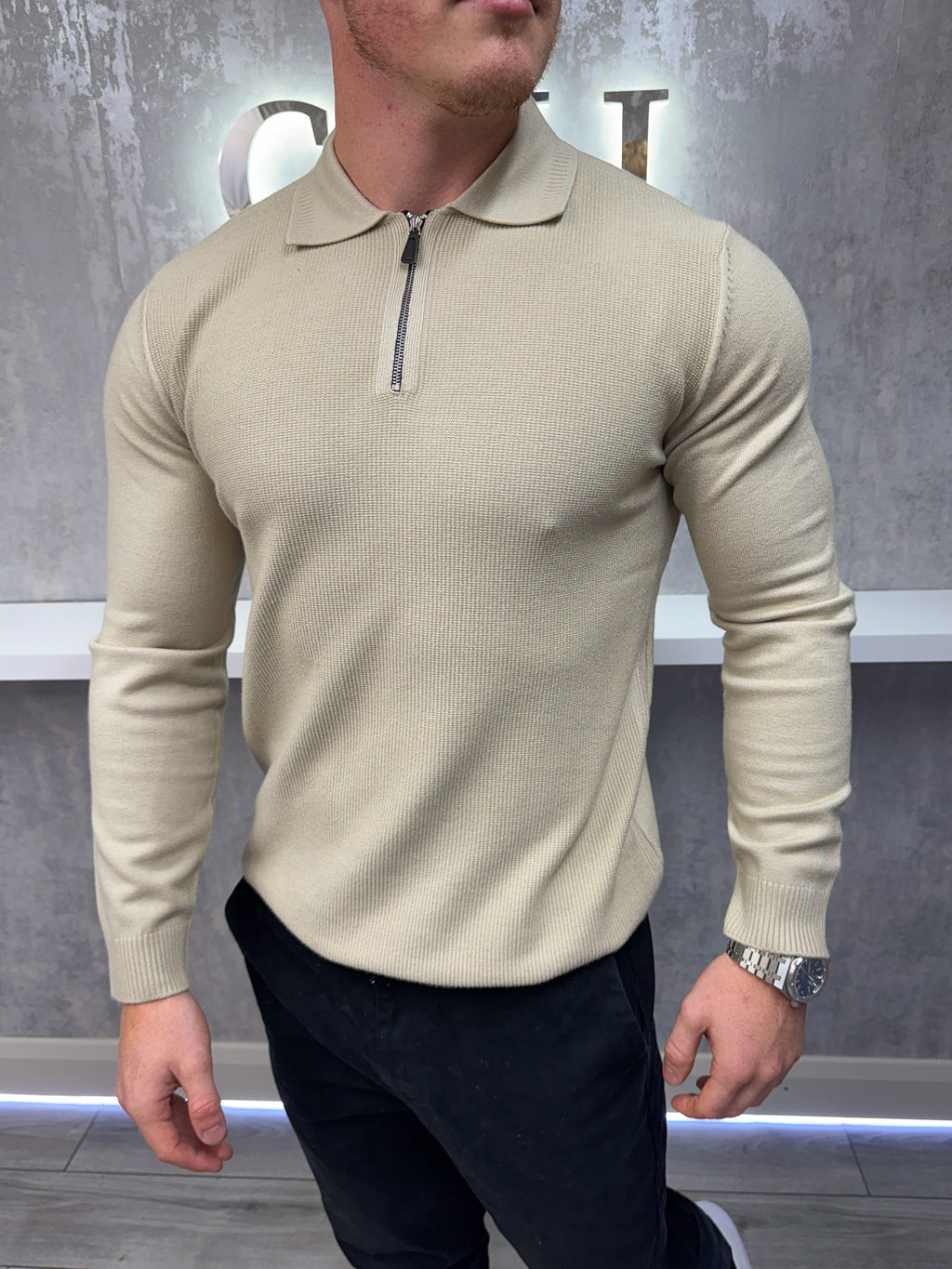 Polo de manga larga con cremallera - Beige