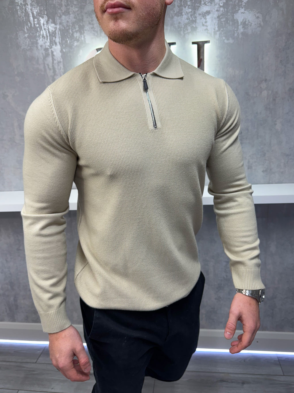 Polo de manga larga con cremallera - Beige
