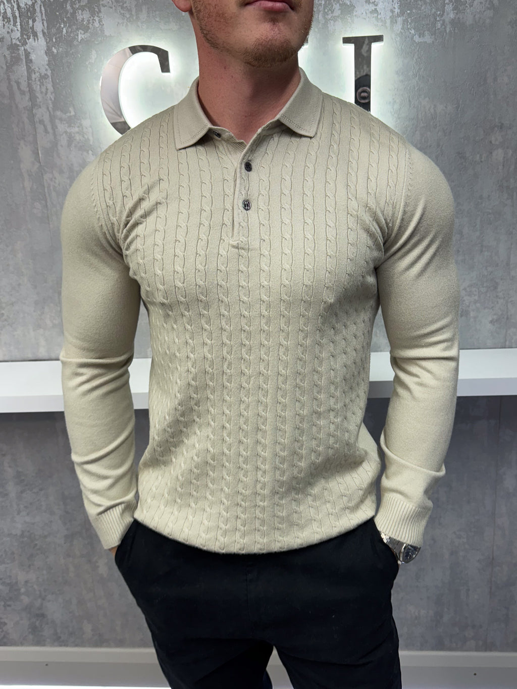 Polo de manga larga con botones - Beige