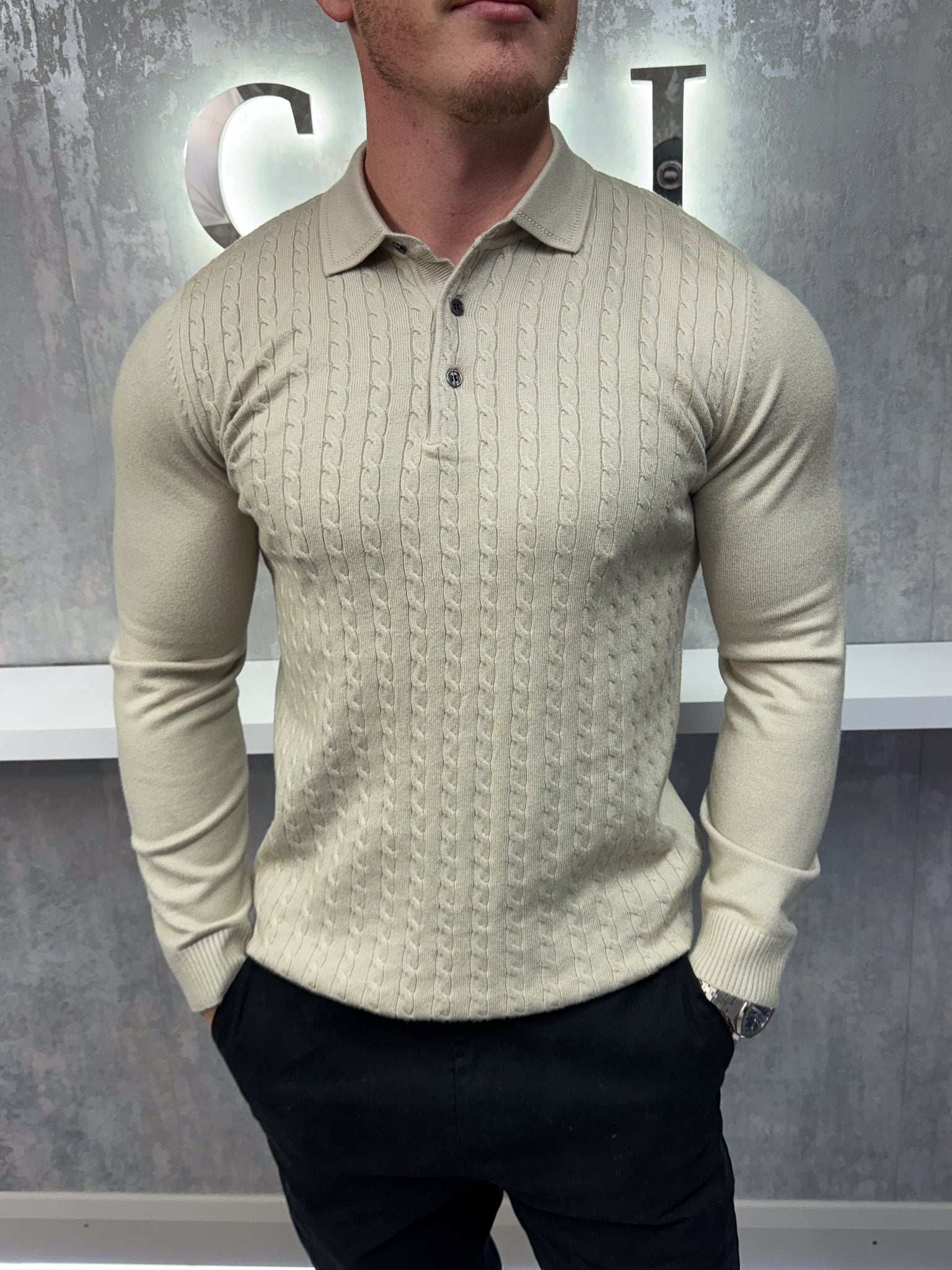 Polo de manga larga con botones - Beige