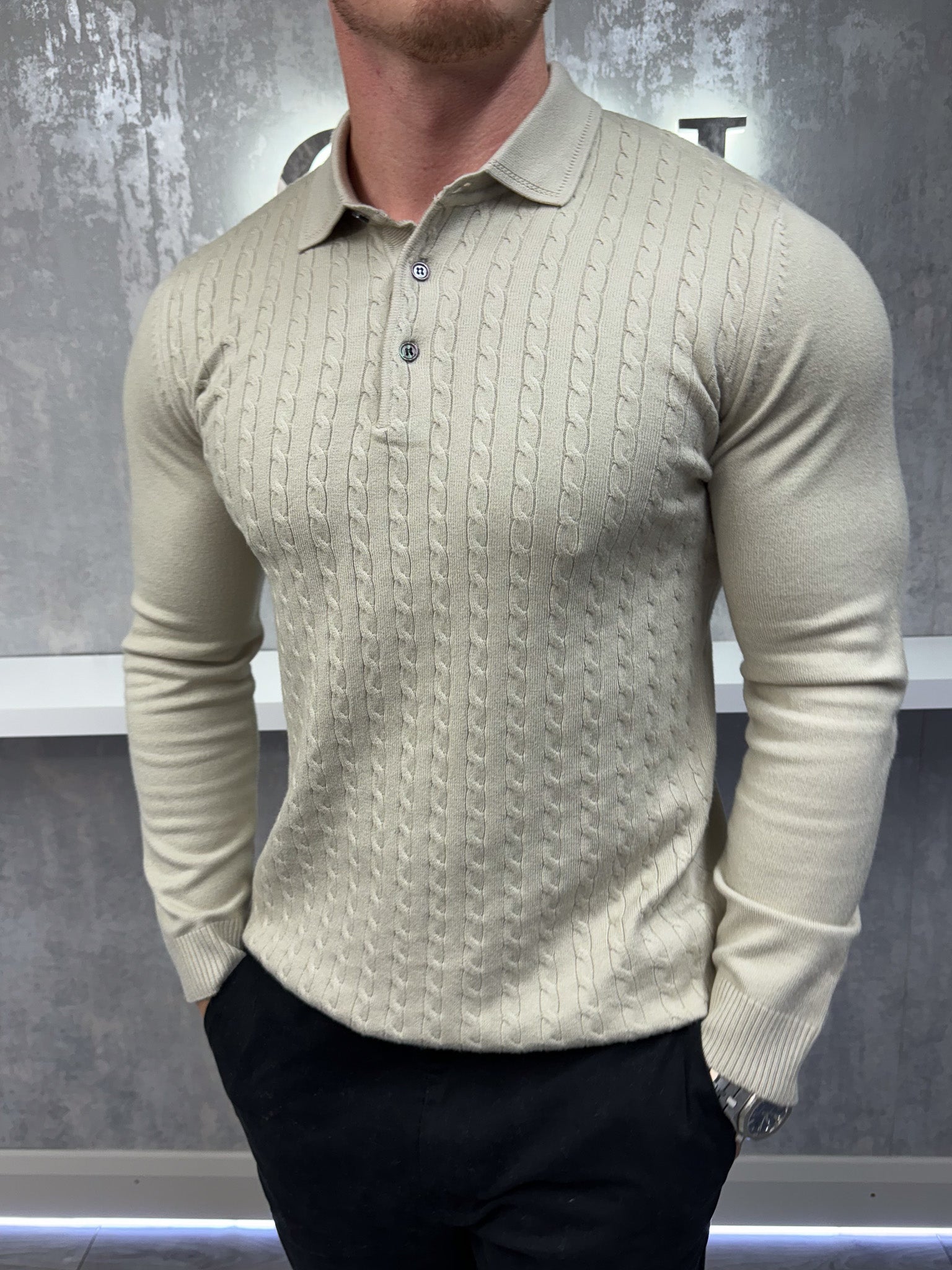 Polo de manga larga con botones - Beige