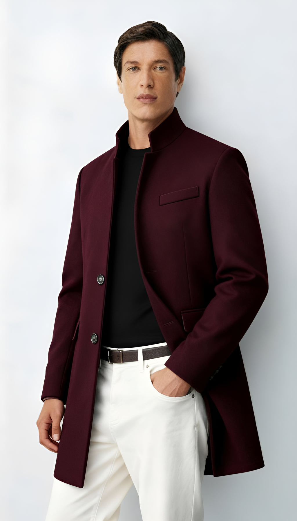Herrenmantel aus Wollgemisch - Eleganter Langarmmantel mit Kerbrevers und Knopfverschluss für formelle und legere Anlässe