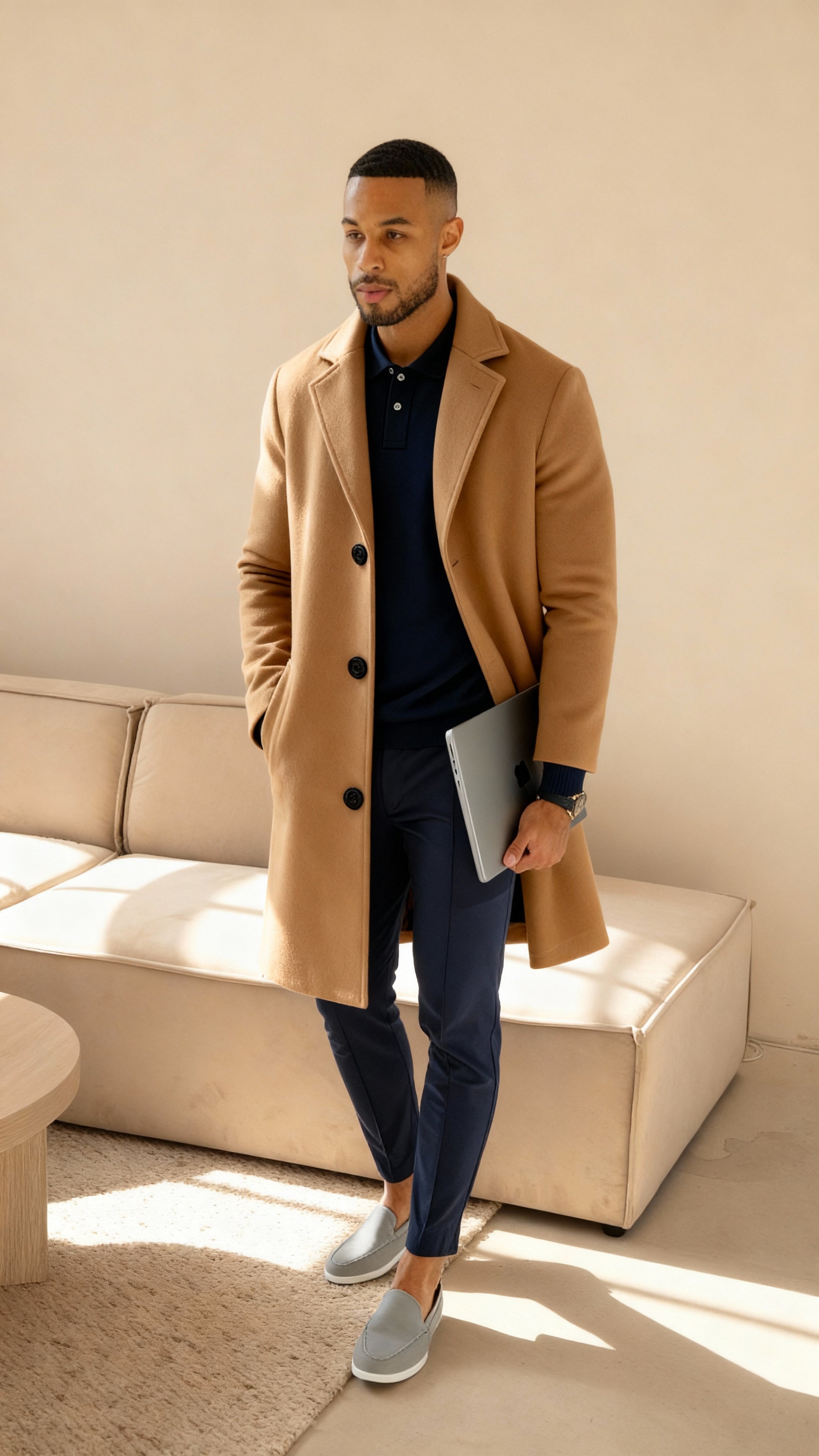 Men’s Tailored Wool-Feel Coat – Single-Breasted Mid-Length Overcoat with Notch Lapel