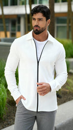Chemise tissée texturée à manches longues pour homme – Chemise décontractée à fermeture éclair devant coupe régulière