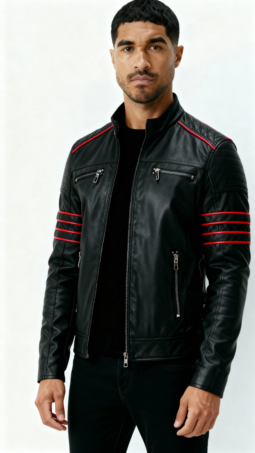 Chaqueta de piel negra para hombre - Chaqueta motera inspirada en Wolverine con detalles de rayas rojas