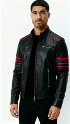 Chaqueta de piel negra para hombre - Chaqueta motera inspirada en Wolverine con detalles de rayas rojas