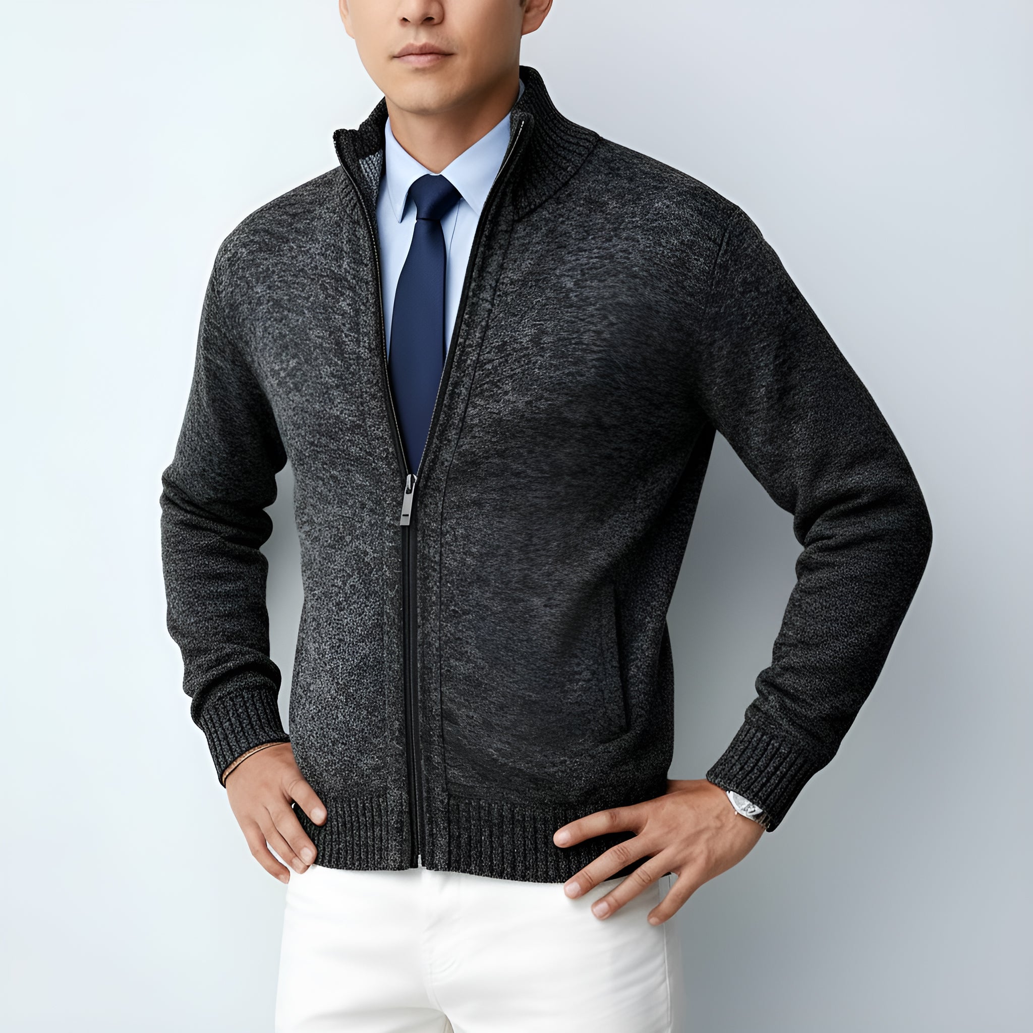Strickjacke mit Reißverschluss für Herren - Pullover aus Baumwollmischung mit Kragen und Taschen für Frühling, Herbst und Winter