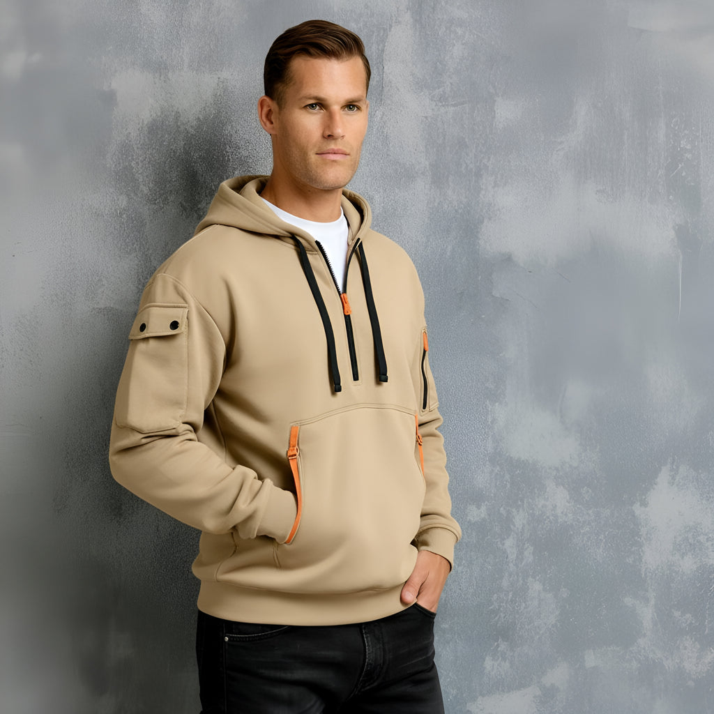 Herren-Hoodie mit Reißverschluss am Hals und mehreren Taschen – Lässiger, funktionaler Pullover