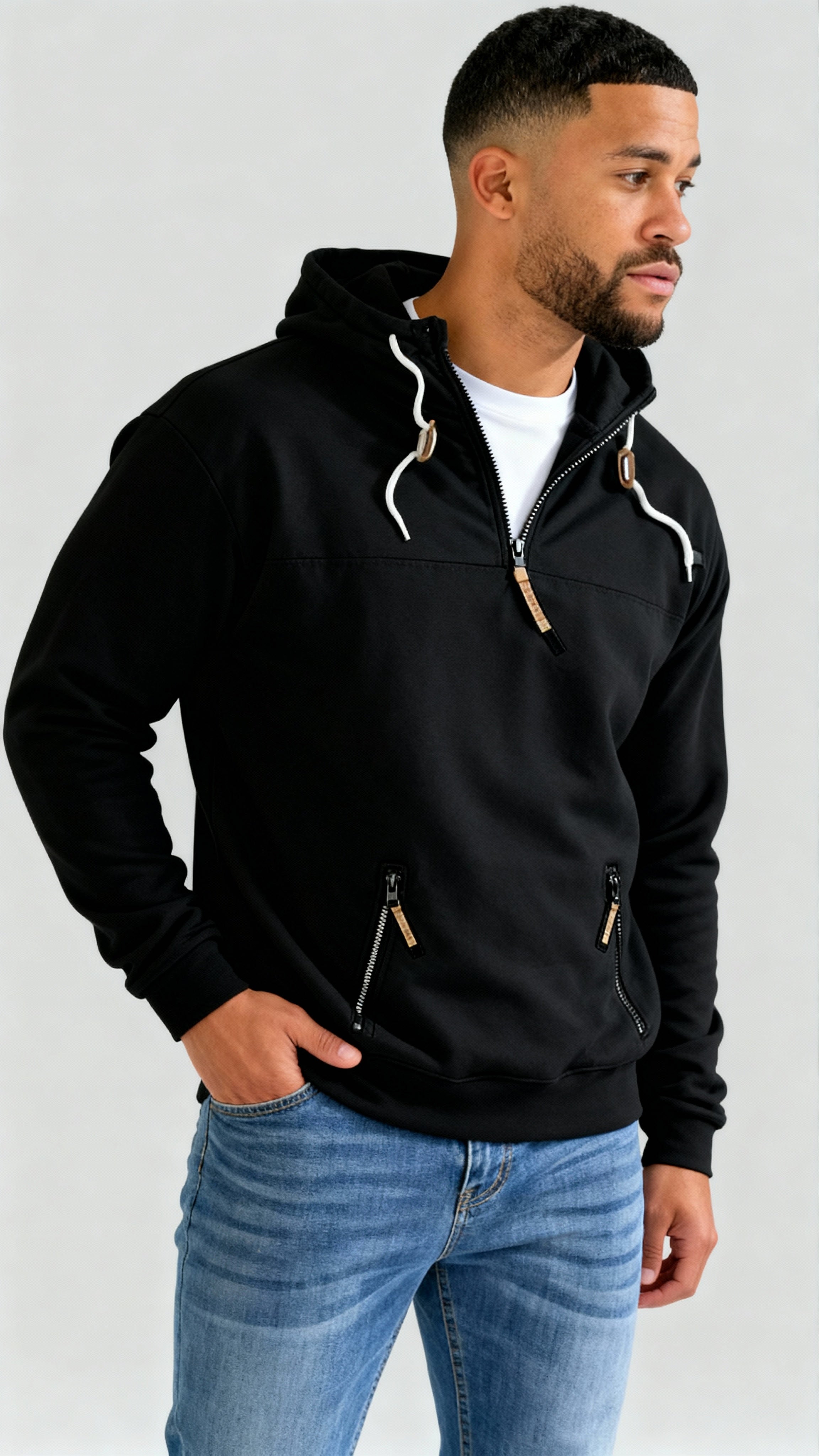 Sweat à capuche homme demi-zip - Capuche ajustable avec cordon et coupe confortable et épurée