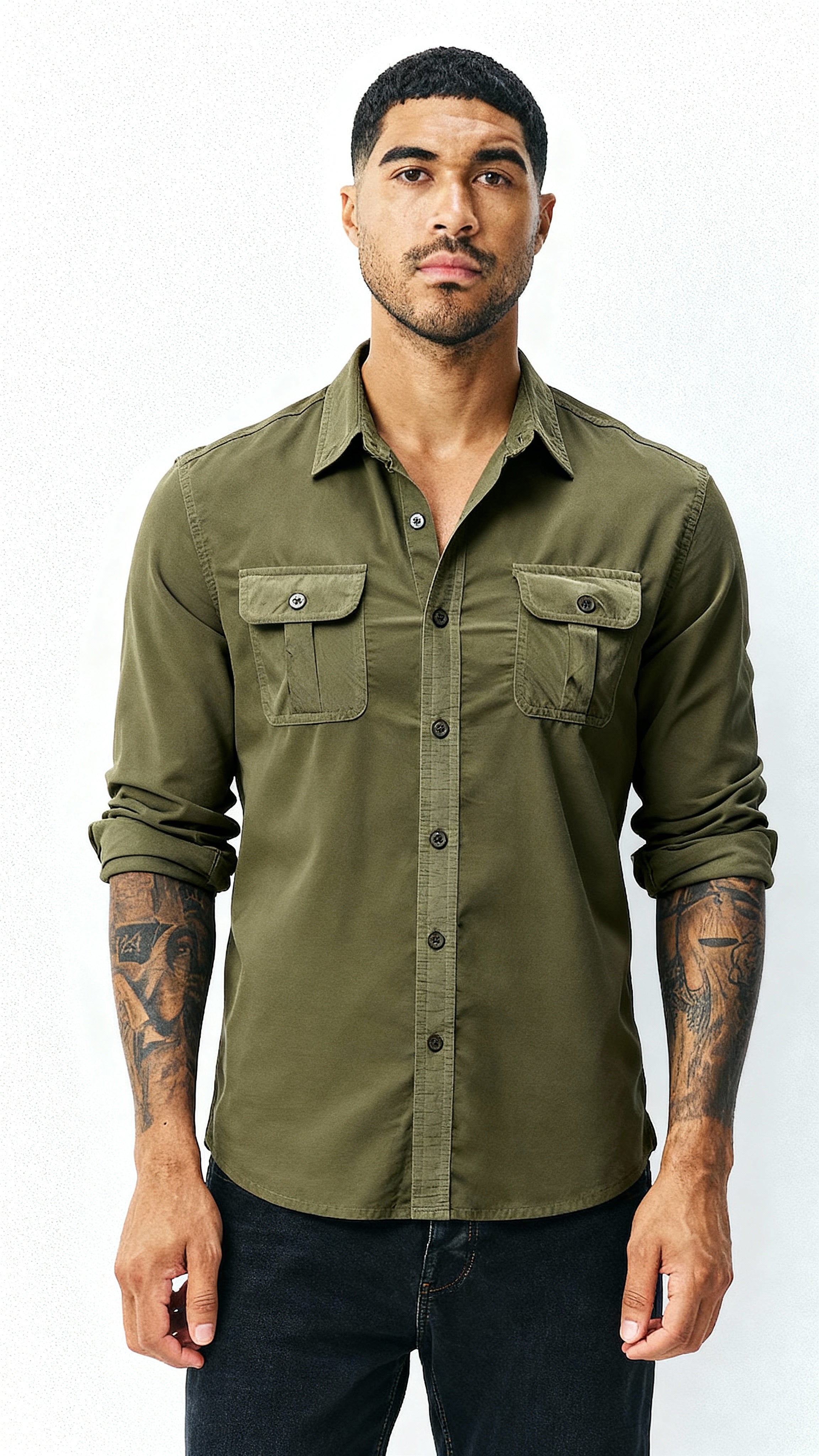 Men’s Utility Shirt – Classic Collar Button-Up with Flap Pockets | Textured Smart Casual Workwear