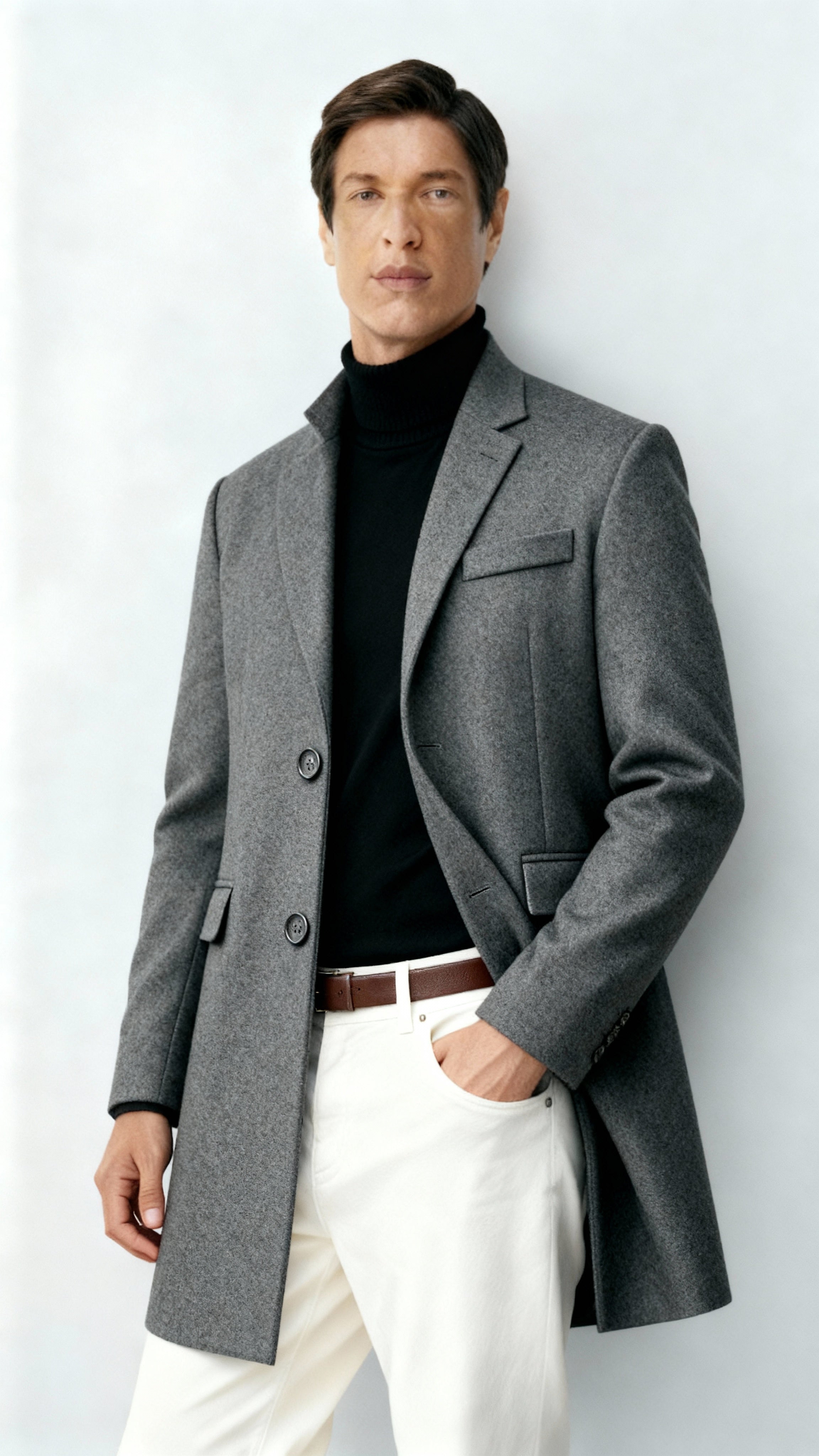 Men's Wool-Blend Coat – Elegant Longline Overcoat with Notch Lapels & Button Closure for Formal & Smart-Casual Wear
