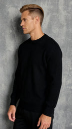 Jersey negro de punto acanalado para hombre - Suéter de punto con cuello redondo y ajuste relajado