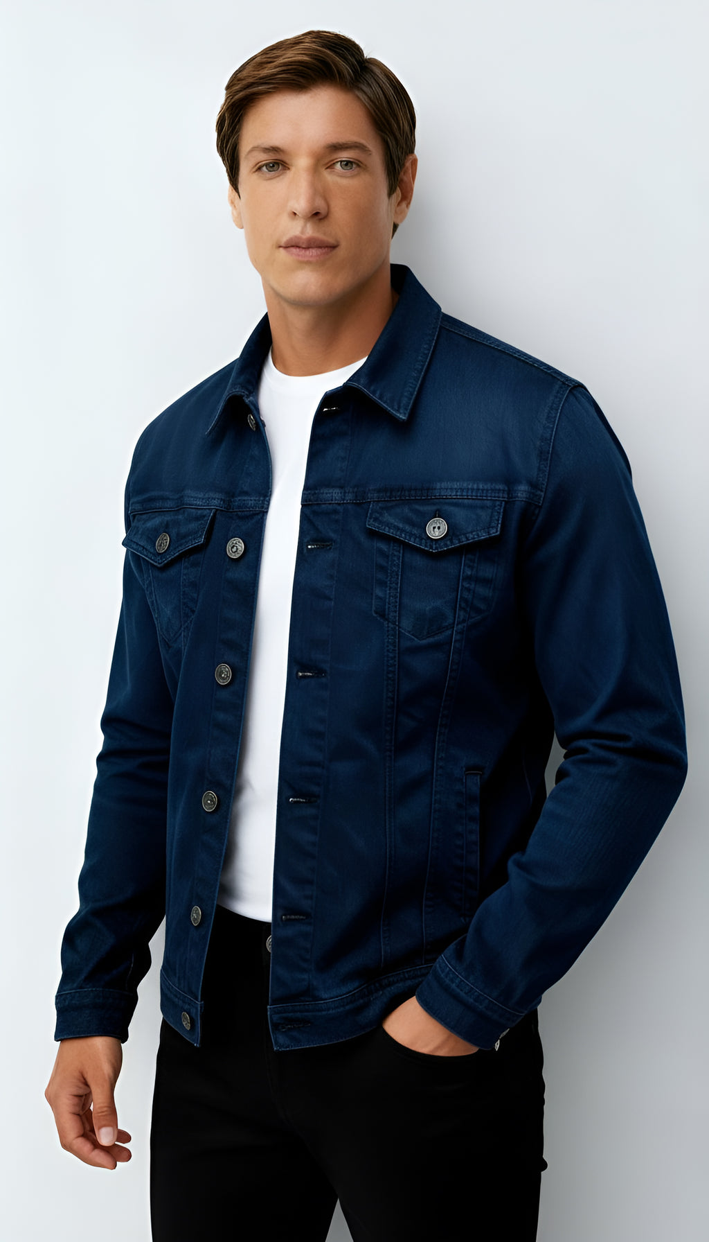 Chaqueta vaquera para hombre - Estilo vaquero clásico con botones en la parte delantera y bolsillos en el pecho para uso informal y elegante.