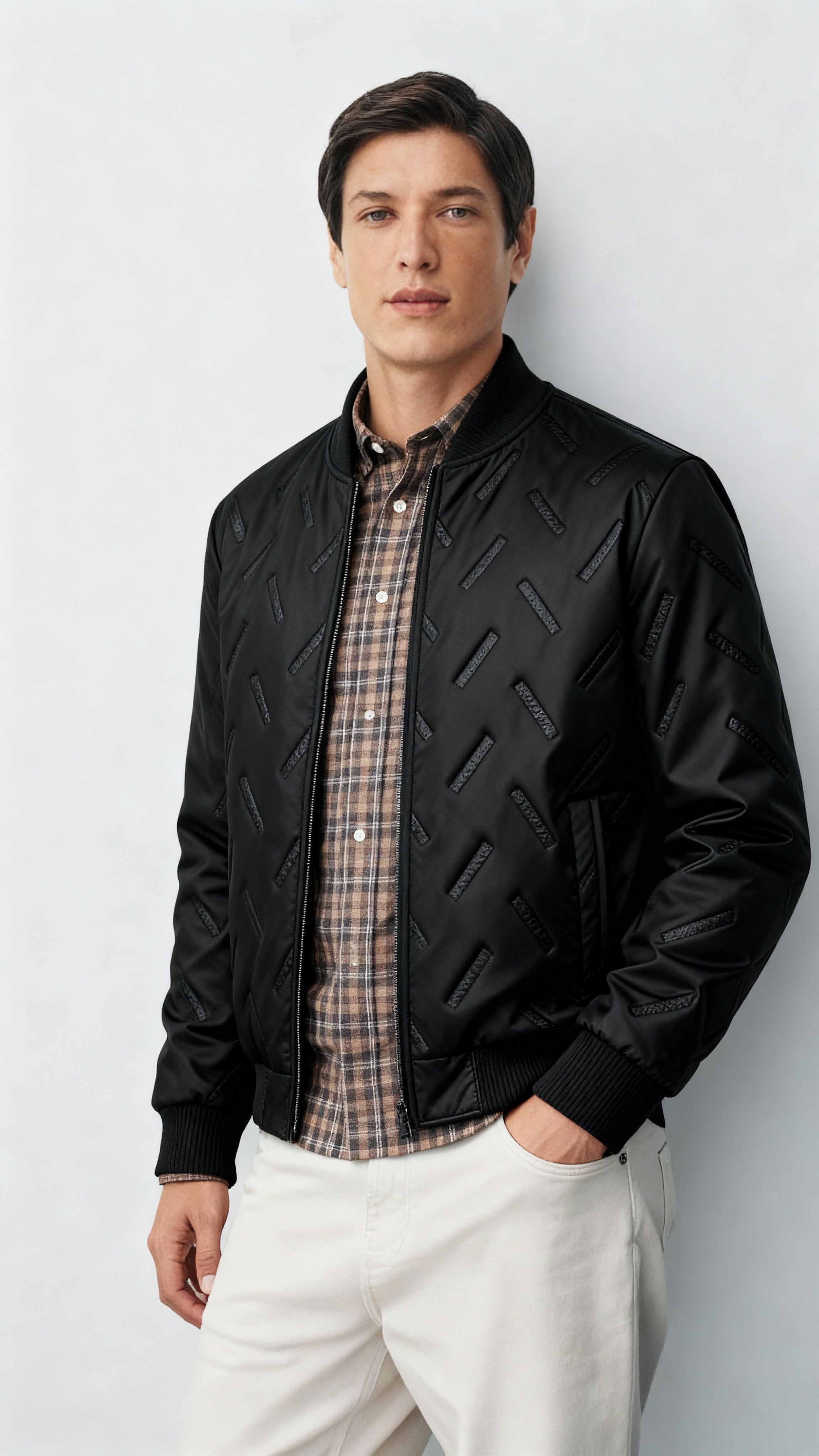 Men’s Woven Shell Bomber Jacket with Ribbed Stand Collar – Hip-Length Lightweight Fall Jacket