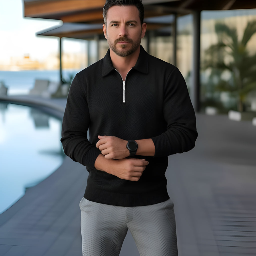 Polo a maniche lunghe da uomo - Quarter-Zip con motivo strutturato e colletto strutturato