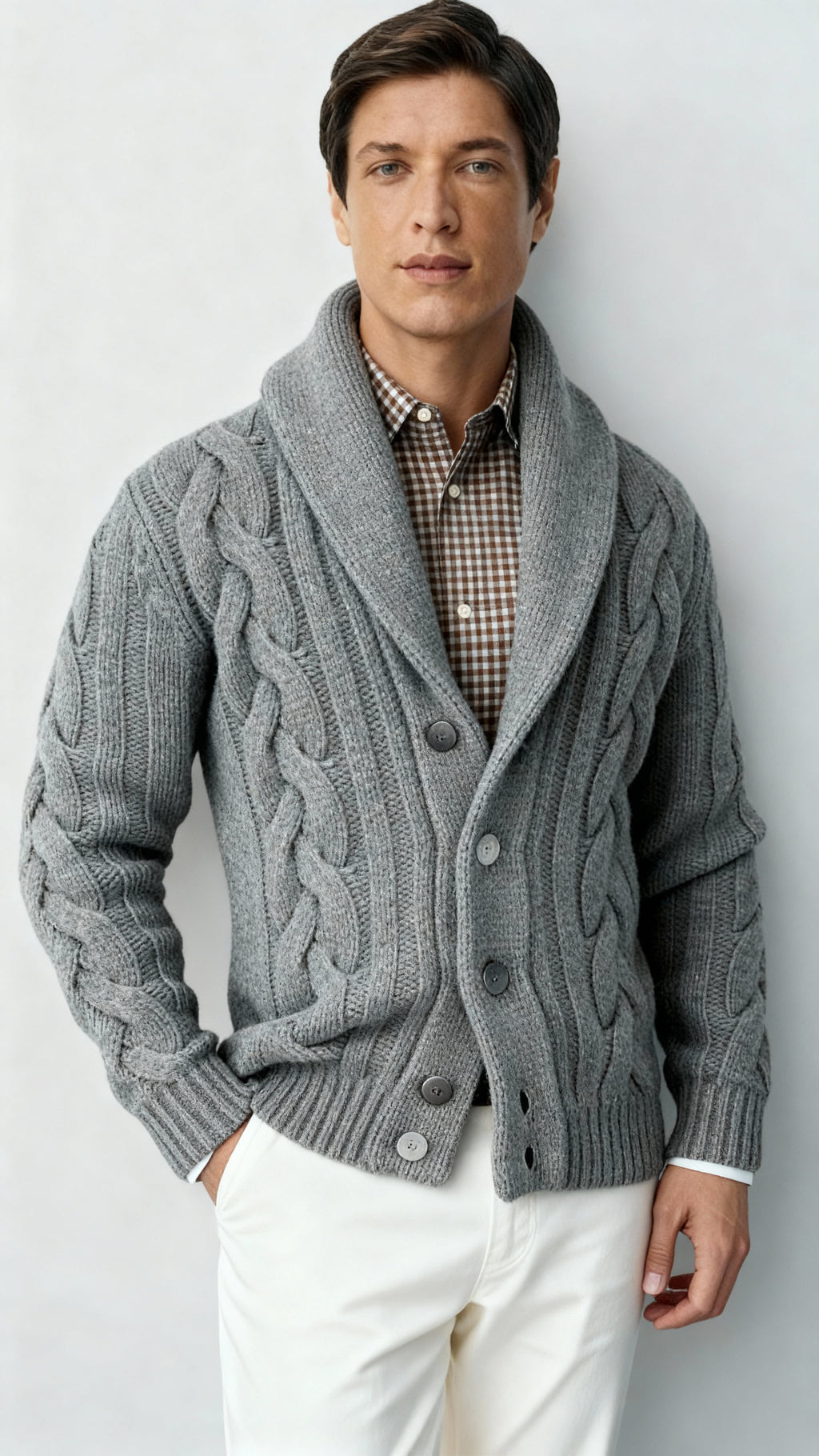 Herren Wollmischung Zopfmuster Strickcardigan – Schalkragen Knopfverschluss Pullover