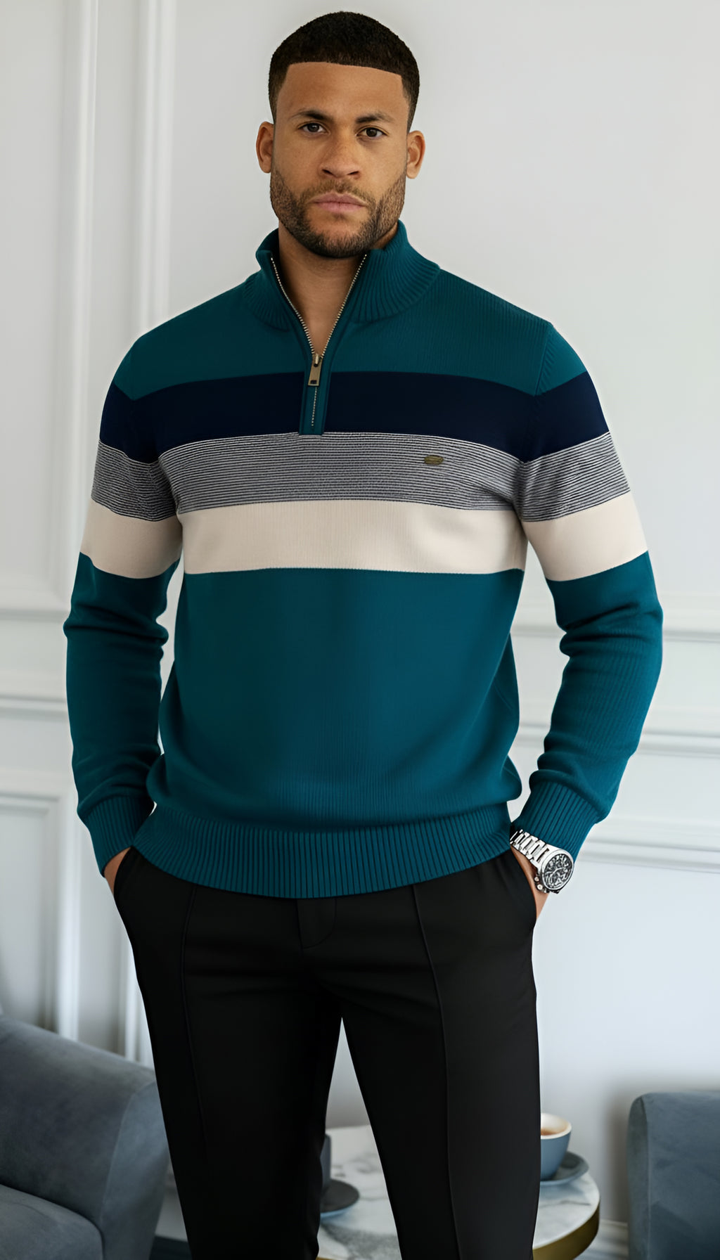 Gestreifter Herren-Pullover mit Stehkragen - Stylische Strickwaren