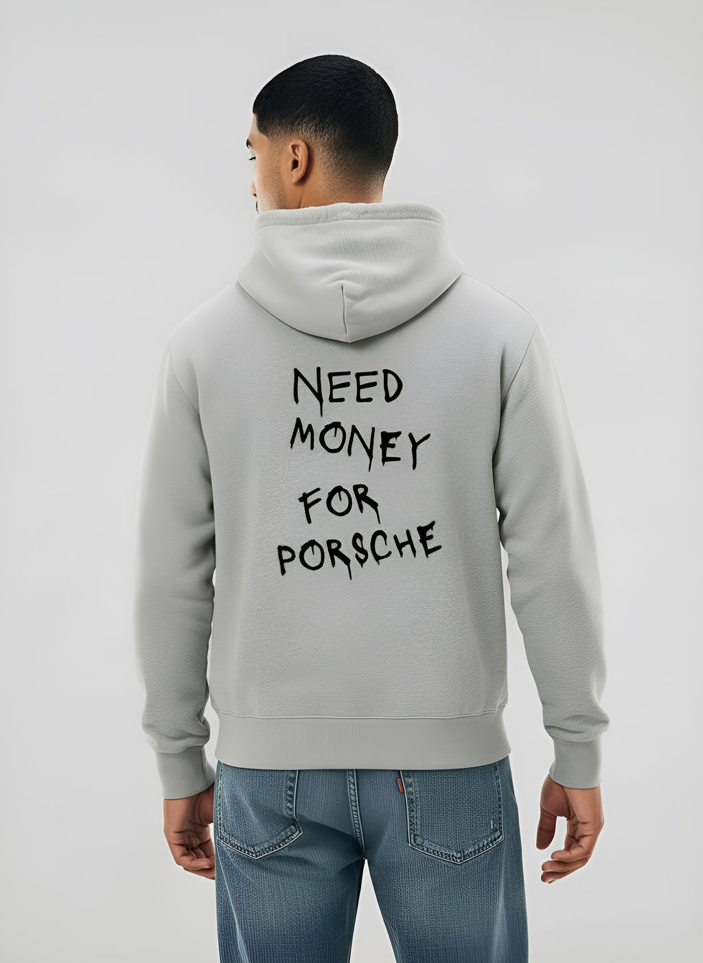 Herren-Kapuzenpullover - "Need Money for Porsche" Slogan-Print, klassische Passform mit Kängurutasche und Kapuze