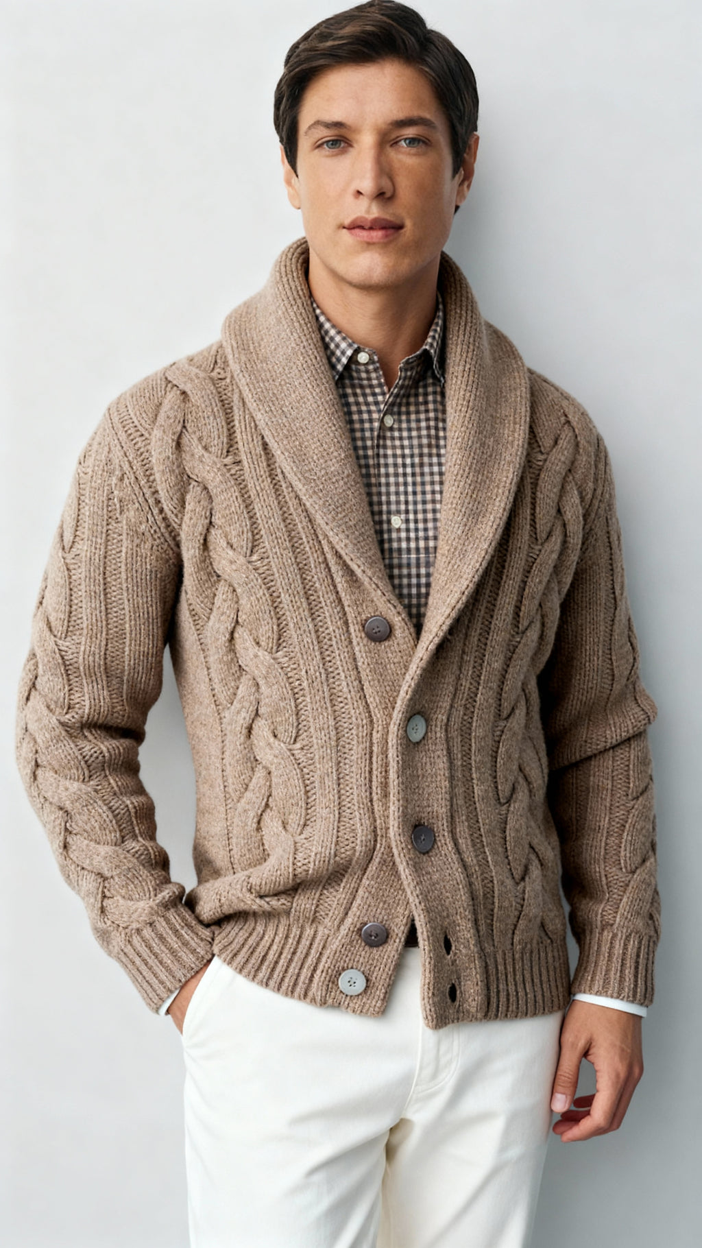 Herren Wollmischung Zopfmuster Strickcardigan – Schalkragen Knopfverschluss Pullover