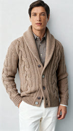 Herren Wollmischung Zopfmuster Strickcardigan – Schalkragen Knopfverschluss Pullover