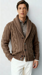 Herren Wollmischung Zopfmuster Strickcardigan – Schalkragen Knopfverschluss Pullover