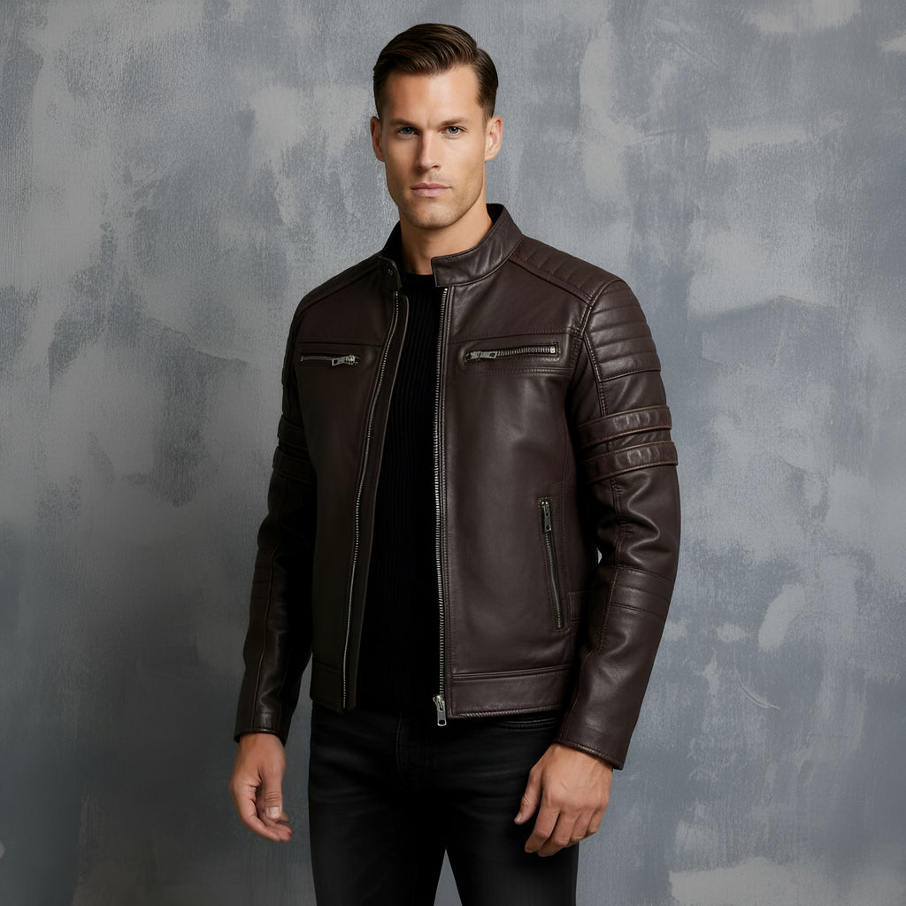 Herren-Bikerjacke – Stehkragen mit rotem Streifendetail & gesteppte Schultern | Stylische Slim-Fit-Motorradjacke