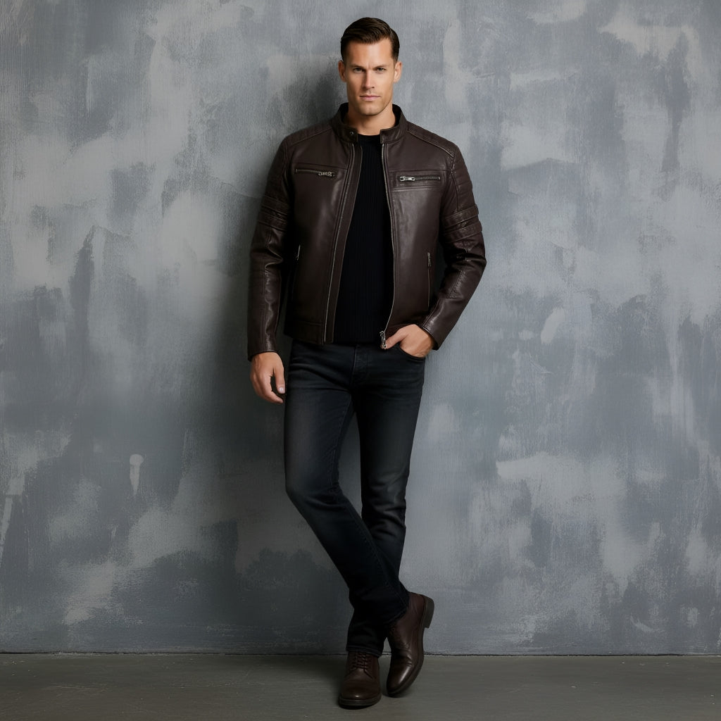 Herren-Bikerjacke – Stehkragen mit rotem Streifendetail & gesteppte Schultern | Stylische Slim-Fit-Motorradjacke
