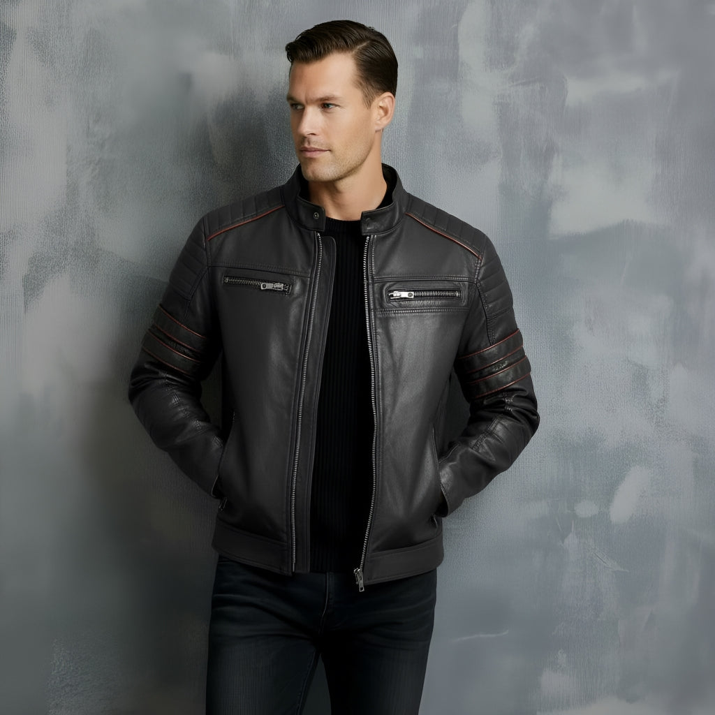 Herren-Bikerjacke – Stehkragen mit rotem Streifendetail & gesteppte Schultern | Stylische Slim-Fit-Motorradjacke