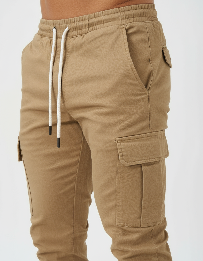 Men’s Cargo Trousers – Drawstring Waist & Elasticated Cuffs | Tapered Fit Utility Pants with Multi Pockets