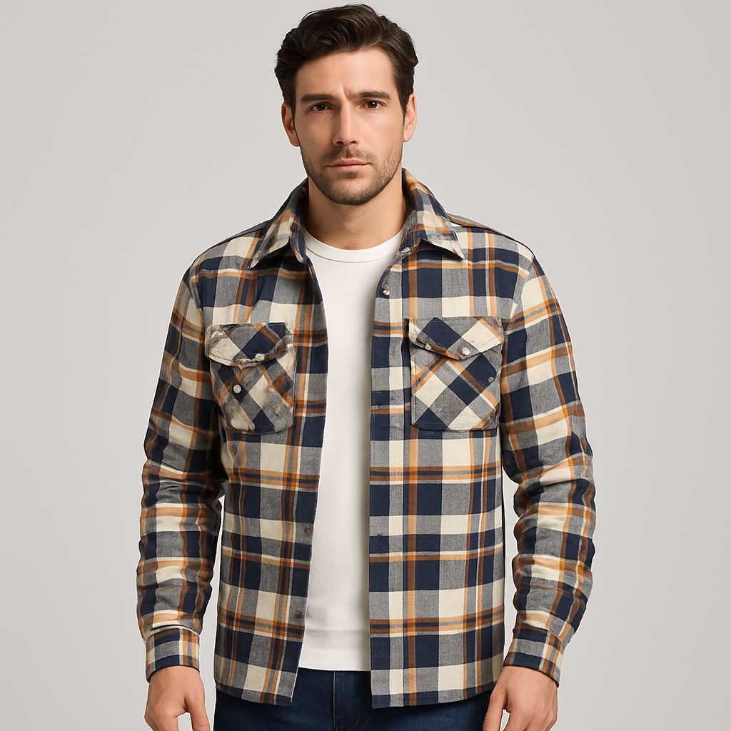 Gesteppte Flanell-Hemdjacke für Herren - kariertes Überhemd mit Druckknöpfen und Brusttaschen für Herbst und Winter