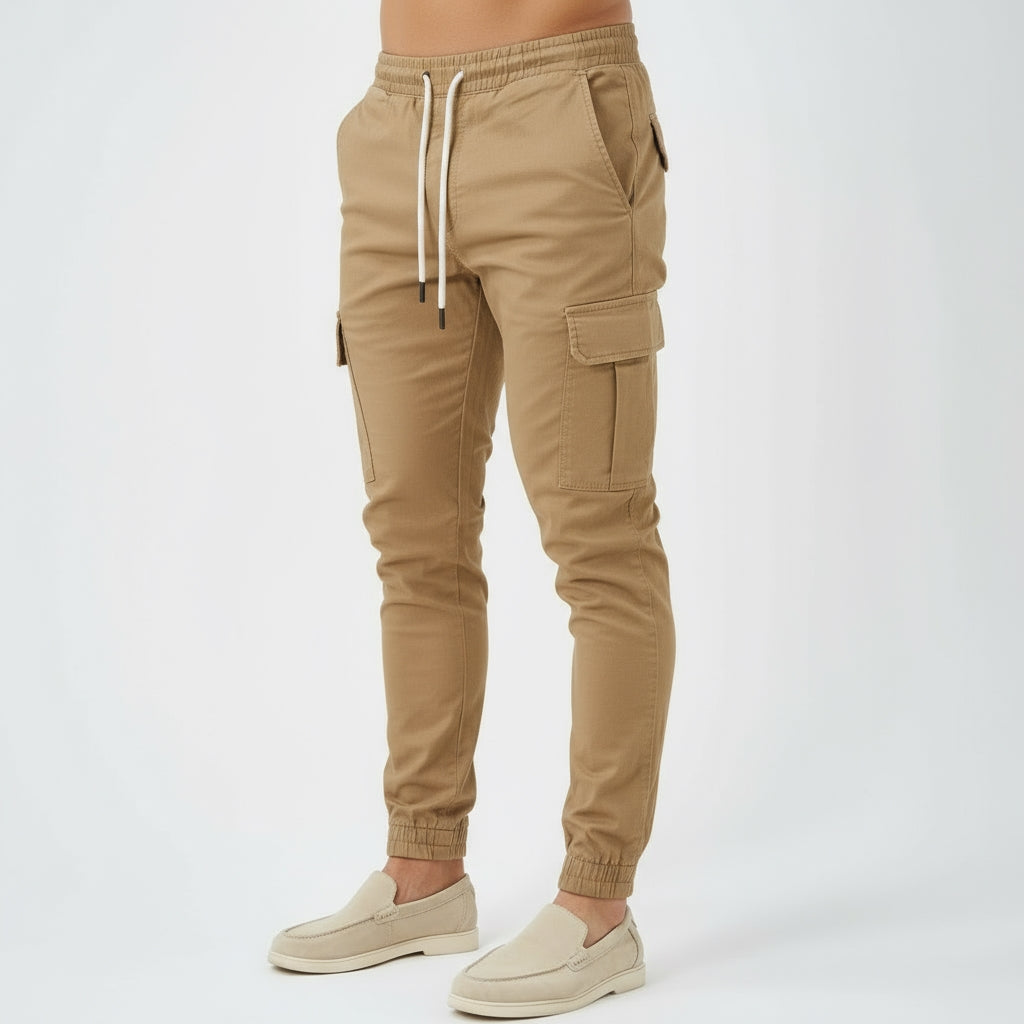 Men’s Cargo Trousers – Drawstring Waist & Elasticated Cuffs | Tapered Fit Utility Pants with Multi Pockets
