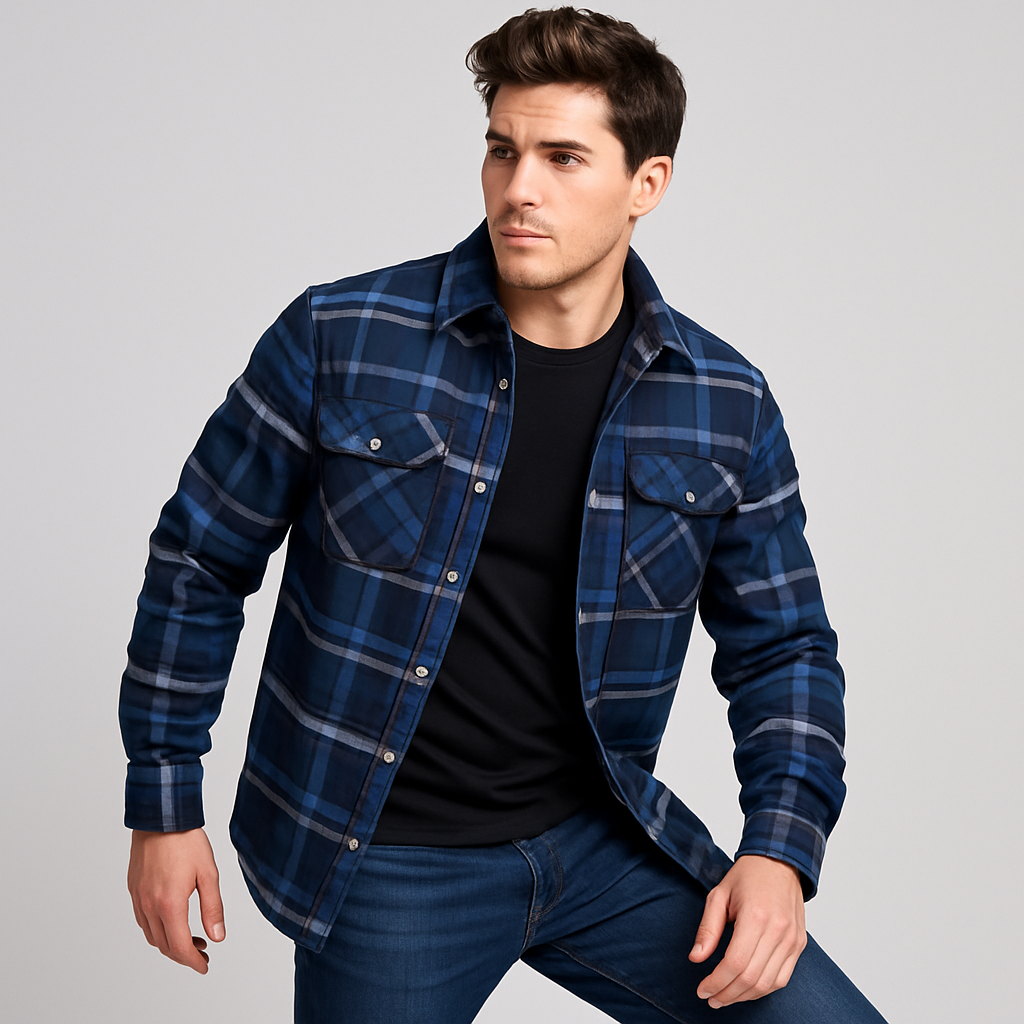 Gesteppte Flanell-Hemdjacke für Herren - kariertes Überhemd mit Druckknöpfen und Brusttaschen für Herbst und Winter