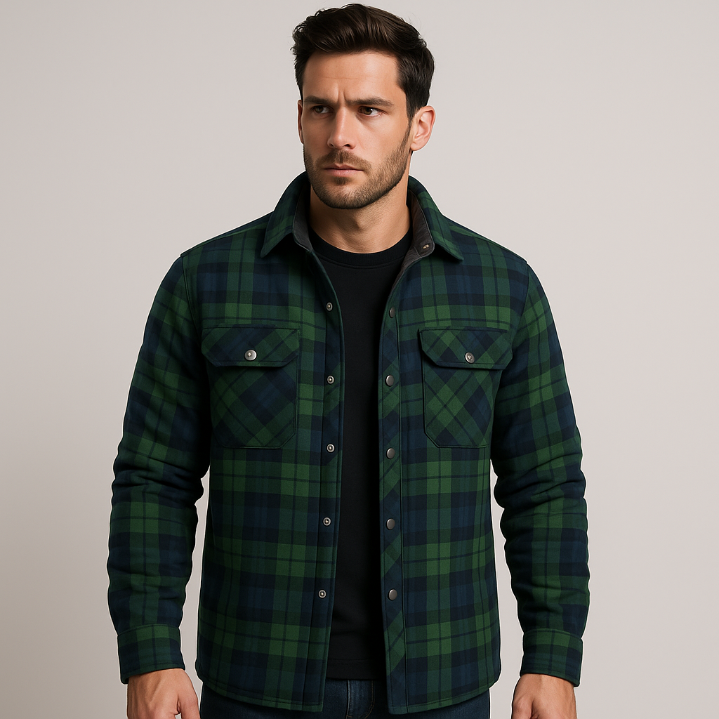 Gesteppte Flanell-Hemdjacke für Herren - kariertes Überhemd mit Druckknöpfen und Brusttaschen für Herbst und Winter