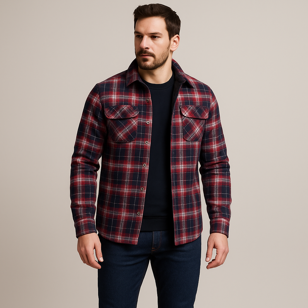 Gesteppte Flanell-Hemdjacke für Herren - kariertes Überhemd mit Druckknöpfen und Brusttaschen für Herbst und Winter