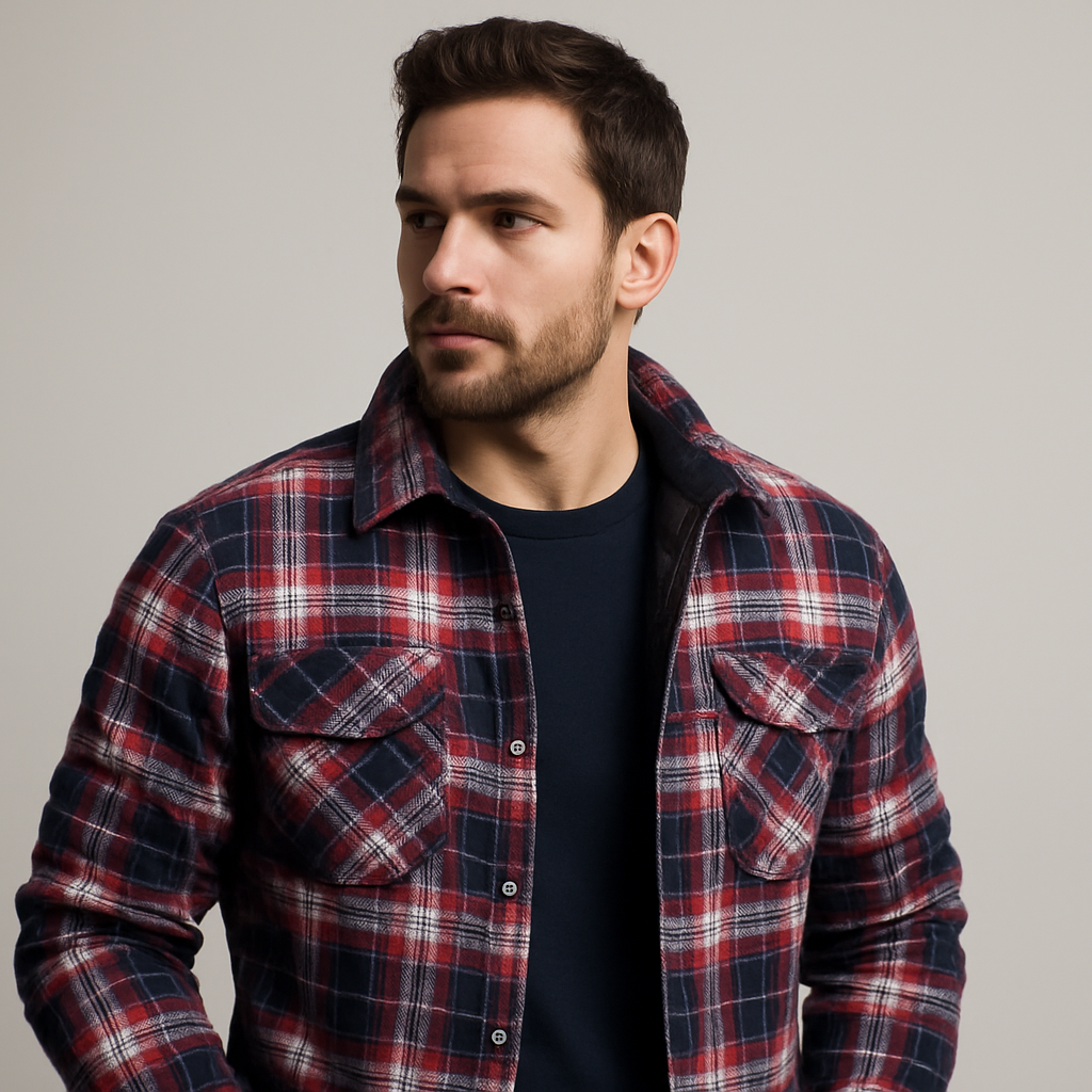 Gesteppte Flanell-Hemdjacke für Herren - kariertes Überhemd mit Druckknöpfen und Brusttaschen für Herbst und Winter