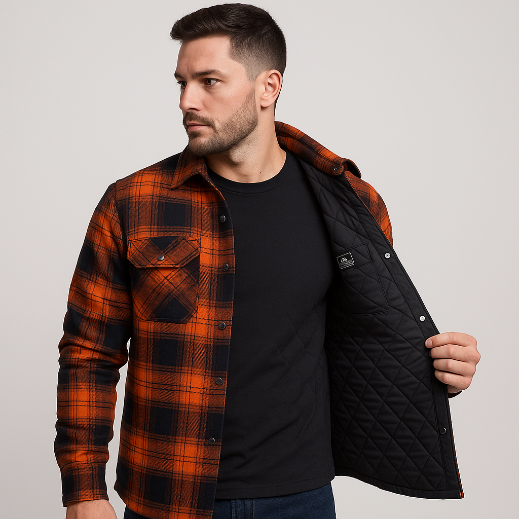 Gesteppte Flanell-Hemdjacke für Herren - kariertes Überhemd mit Druckknöpfen und Brusttaschen für Herbst und Winter
