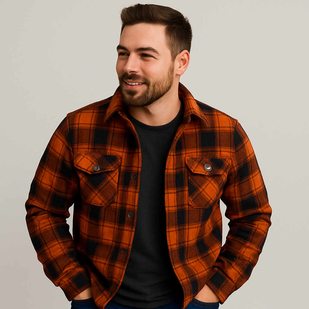 Gesteppte Flanell-Hemdjacke für Herren - kariertes Überhemd mit Druckknöpfen und Brusttaschen für Herbst und Winter
