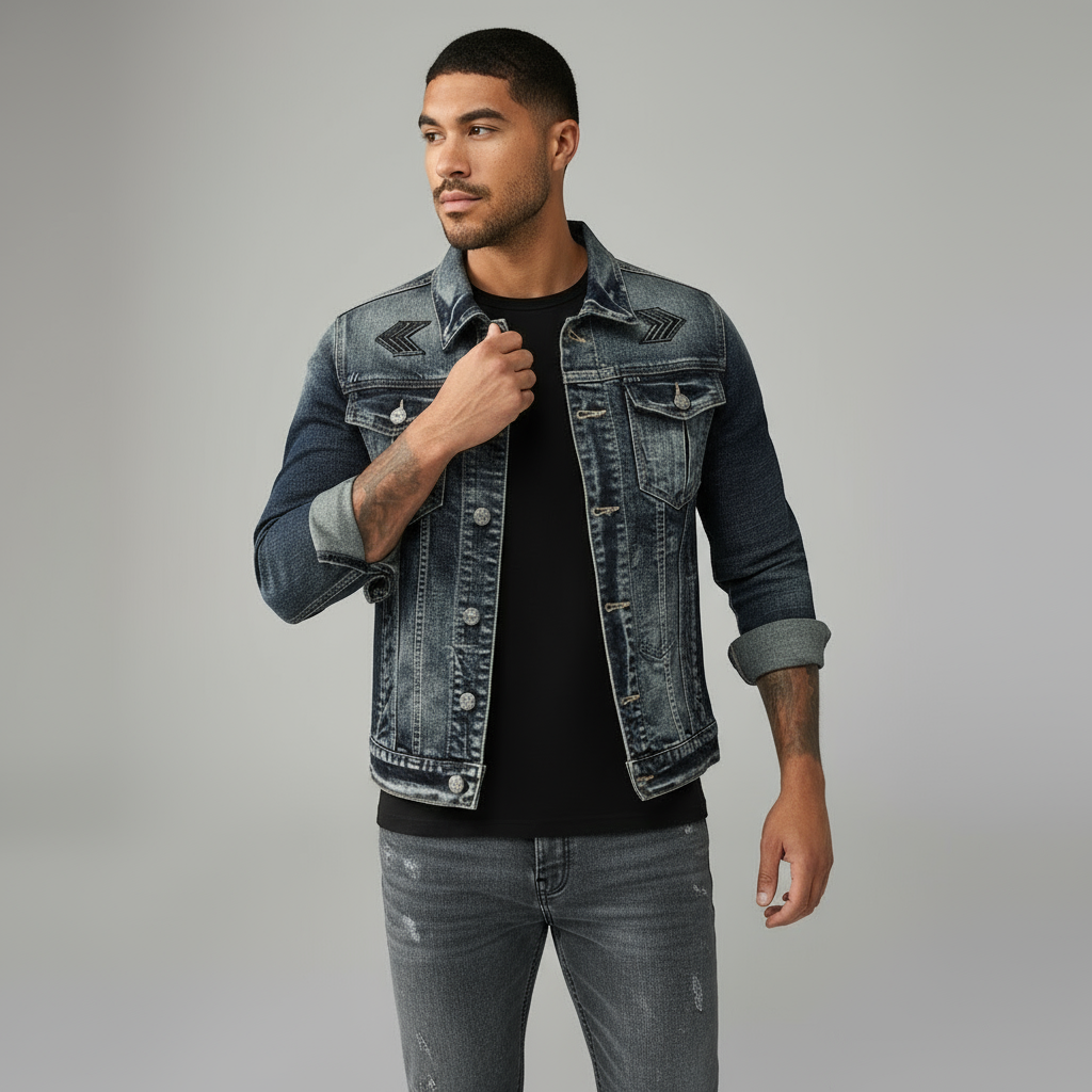 Herren-Graue Truckerjacke - Klassischer Denim-Stil mit Knopfleiste und Brusttaschen