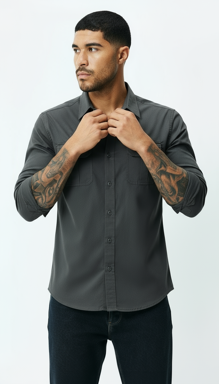 Men’s Utility Shirt – Classic Collar Button-Up with Flap Pockets | Textured Smart Casual Workwear