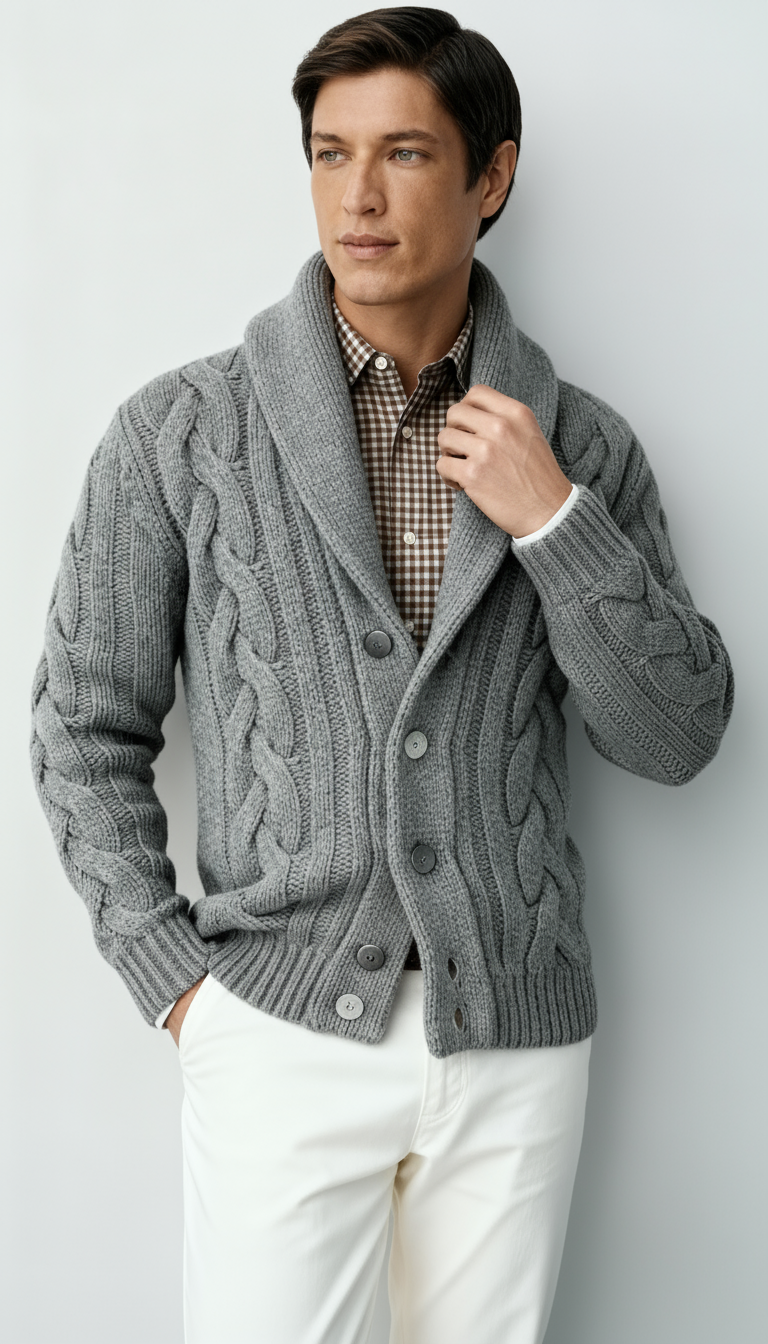 Herren Wollmischung Zopfmuster Strickcardigan – Schalkragen Knopfverschluss Pullover