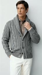 Herren Wollmischung Zopfmuster Strickcardigan – Schalkragen Knopfverschluss Pullover
