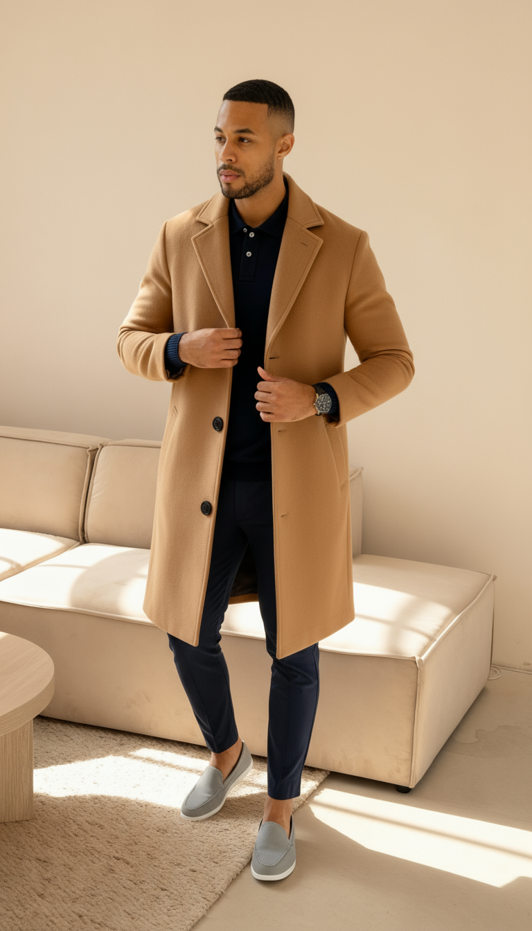 Men’s Tailored Wool-Feel Coat – Single-Breasted Mid-Length Overcoat with Notch Lapel