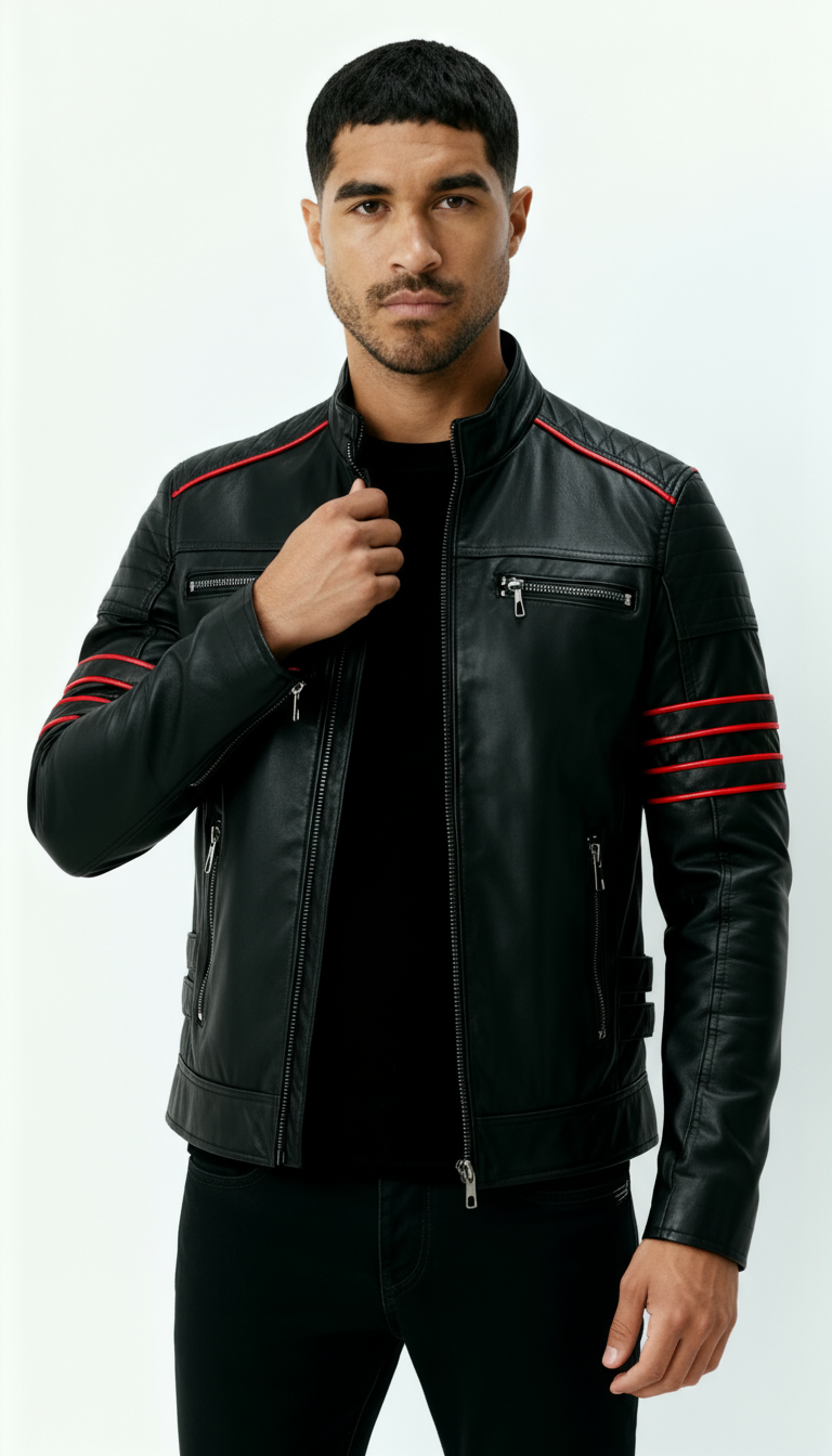 Chaqueta de piel negra para hombre - Chaqueta motera inspirada en Wolverine con detalles de rayas rojas