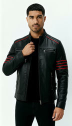 Chaqueta de piel negra para hombre - Chaqueta motera inspirada en Wolverine con detalles de rayas rojas