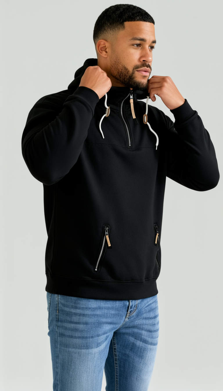 Sweat à capuche homme demi-zip - Capuche ajustable avec cordon et coupe confortable et épurée