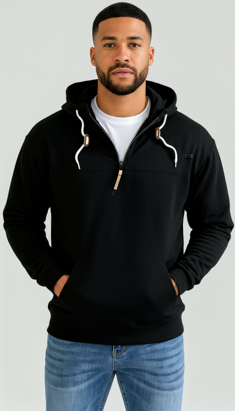 Sweat à capuche homme demi-zip - Capuche ajustable avec cordon et coupe confortable et épurée
